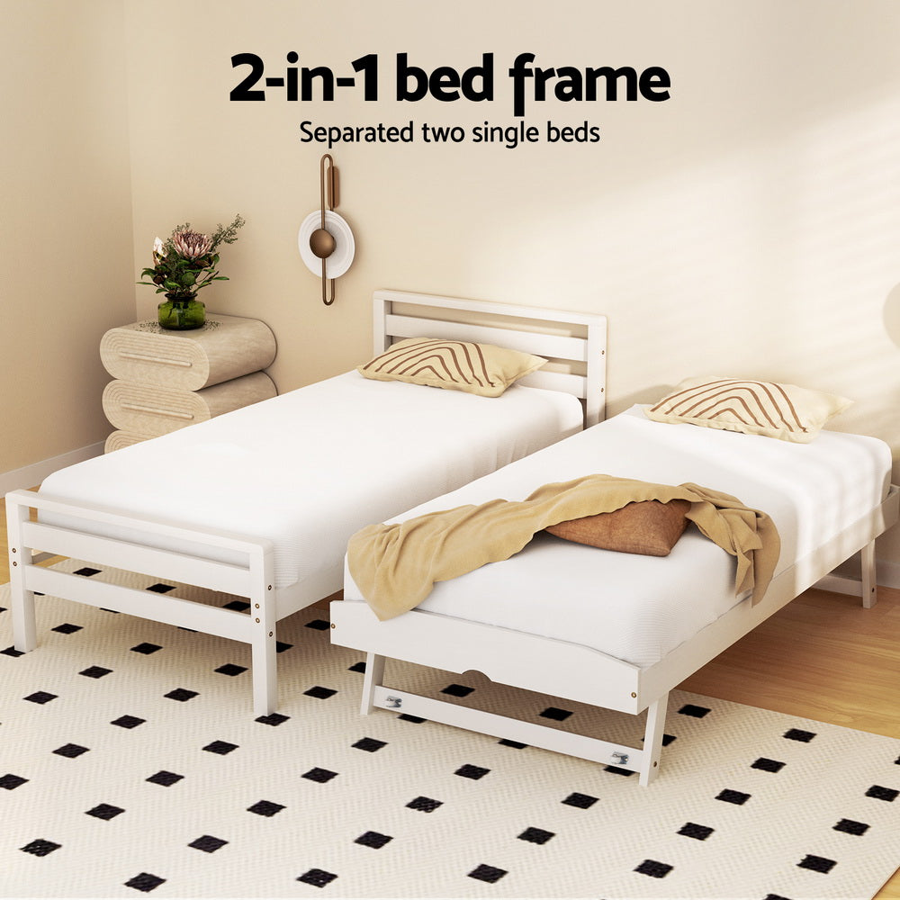 Beds & Bed Frames: Artiss Bed Frame Single Size 2-in-1 Trundle Wooden White AVIS