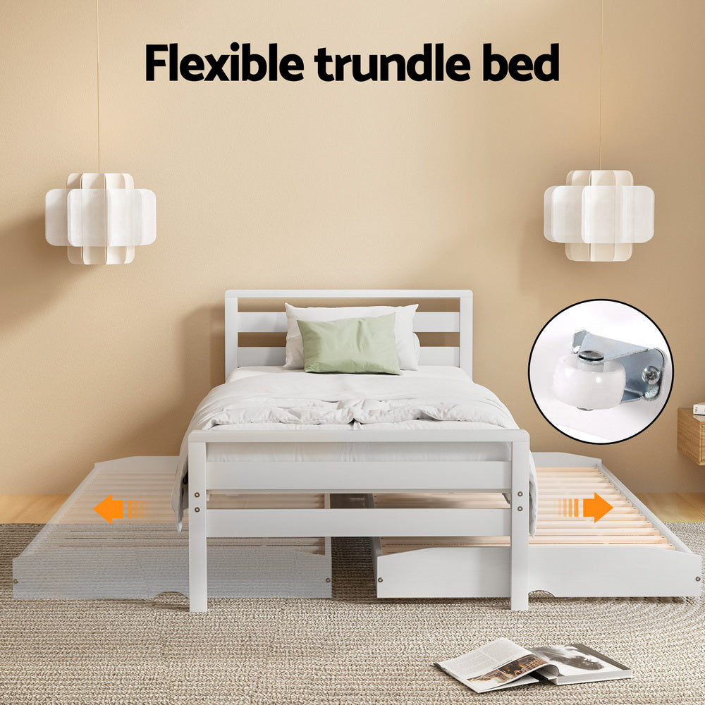 Beds & Bed Frames: Artiss Bed Frame Single Size 2-in-1 Trundle Wooden White AVIS