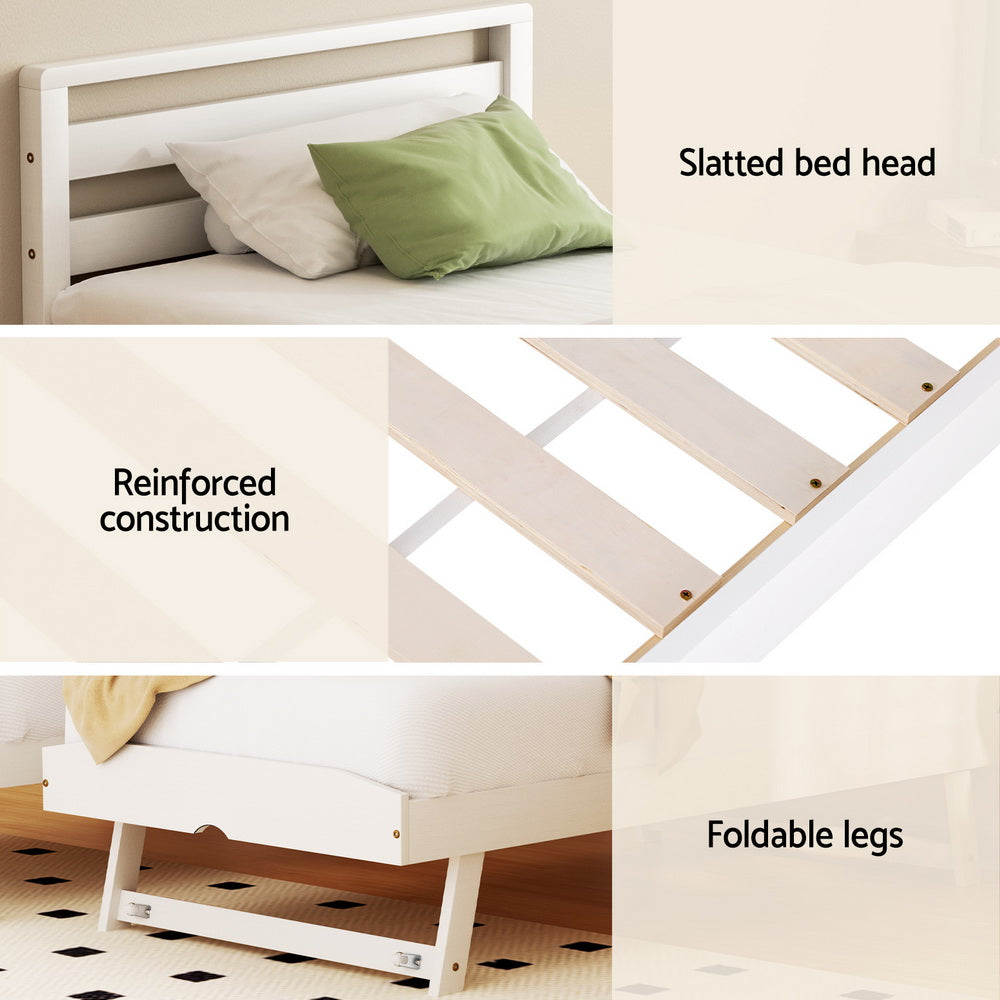 Beds & Bed Frames: Artiss Bed Frame Single Size 2-in-1 Trundle Wooden White AVIS