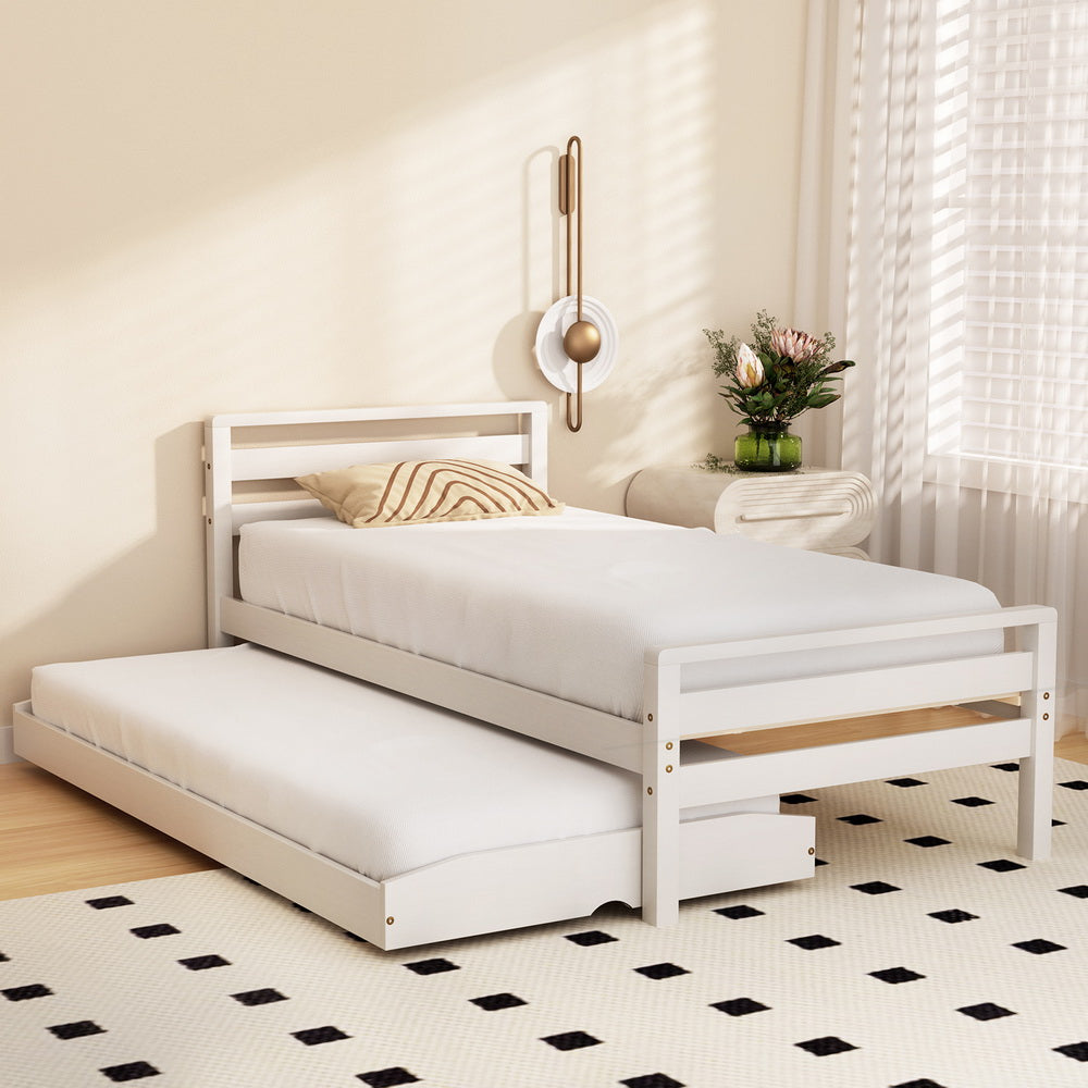 Beds & Bed Frames: Artiss Bed Frame Single Size 2-in-1 Trundle Wooden White AVIS