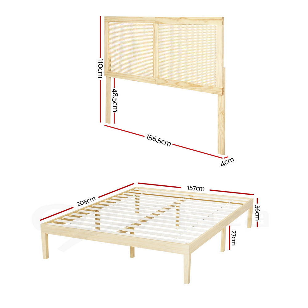 Beds & Bed Frames: Artiss Bed Frame Queen Size with Rattan Headboard Wooden Bed Base BRUNO
