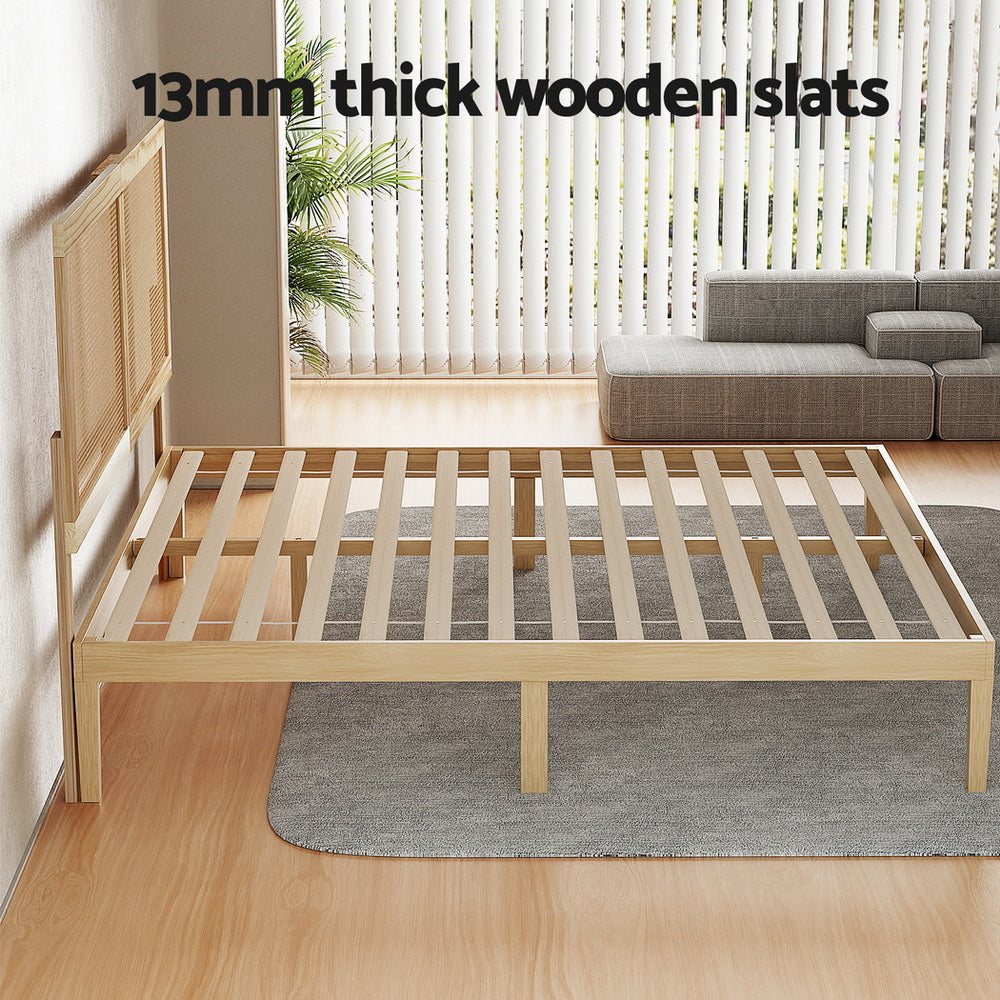Beds & Bed Frames: Artiss Bed Frame Queen Size with Rattan Headboard Wooden Bed Base BRUNO