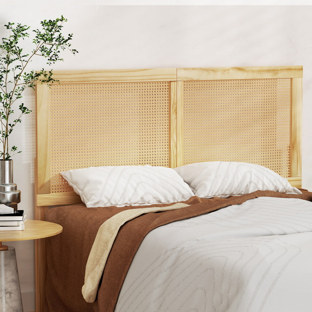 Beds & Bed Frames: Artiss Bed Frame Queen Size with Rattan Headboard Wooden Bed Base BRUNO