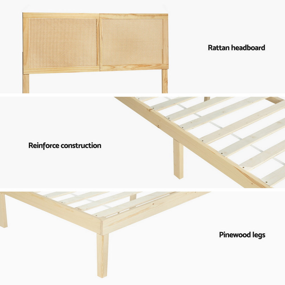 Beds & Bed Frames: Artiss Bed Frame Queen Size with Rattan Headboard Wooden Bed Base BRUNO