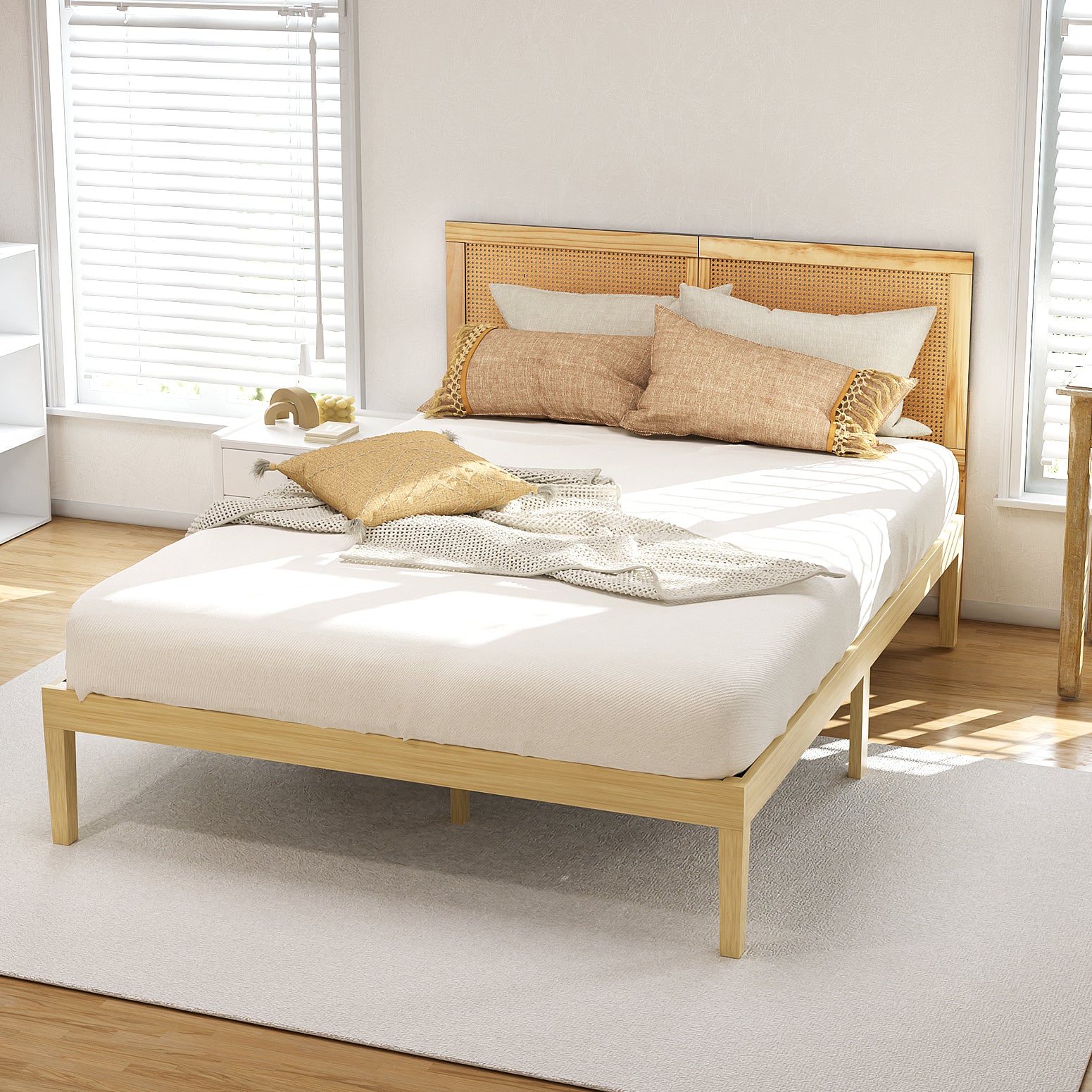 Beds & Bed Frames: Artiss Bed Frame Queen Size with Rattan Headboard Wooden Bed Base BRUNO