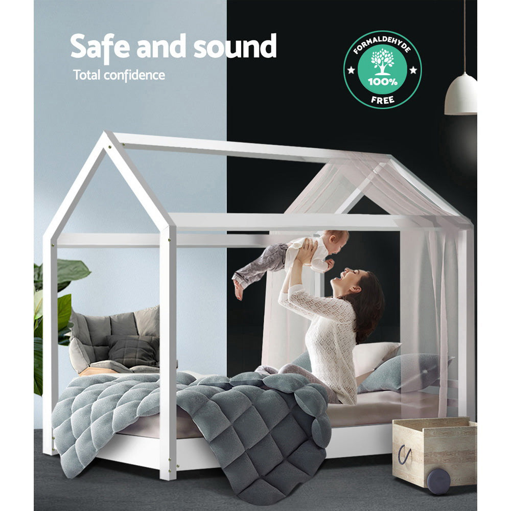 Kid's Beds & Bed Frames: Artiss Bed Frame Wooden Kids House Frame White CASA