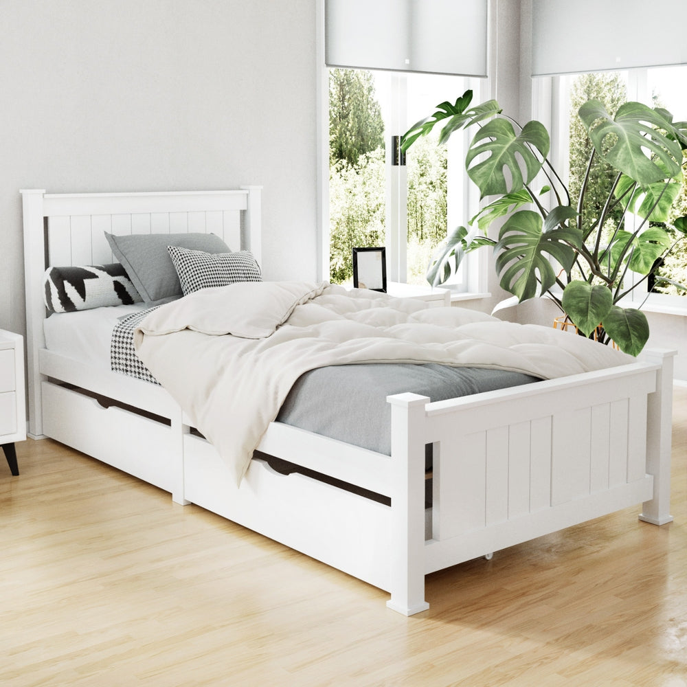 Beds & Bed Frames: Artiss Bed Frame Single Size Wooden with 2 Drawers White RIO