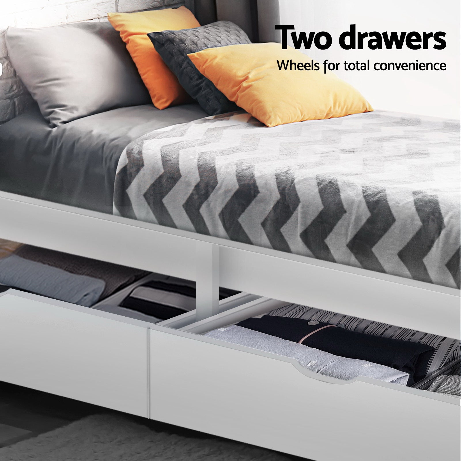 Beds & Bed Frames: Artiss Bed Frame Single Size Wooden with 2 Drawers White RIO