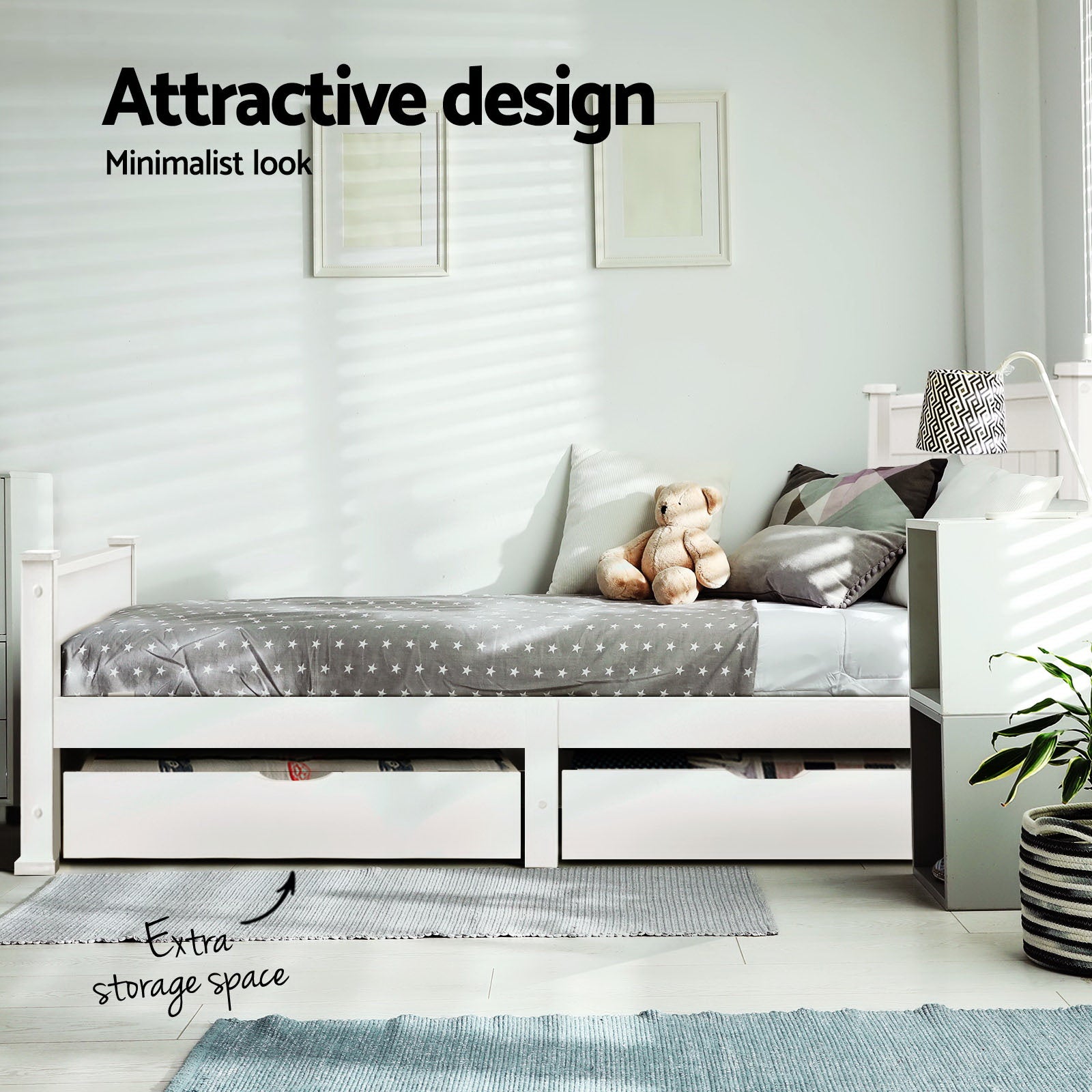 Beds & Bed Frames: Artiss Bed Frame Single Size Wooden with 2 Drawers White RIO