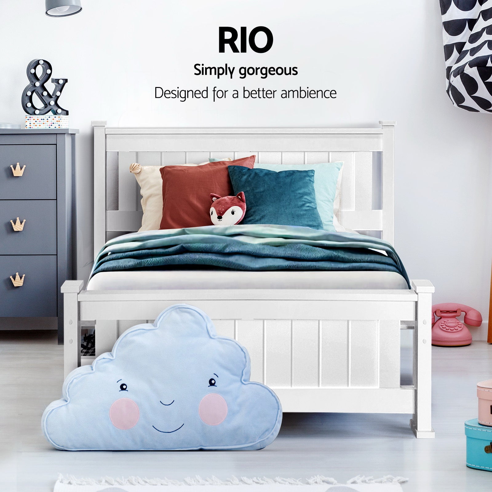 Beds & Bed Frames: Artiss Bed Frame Single Size Wooden with 2 Drawers White RIO
