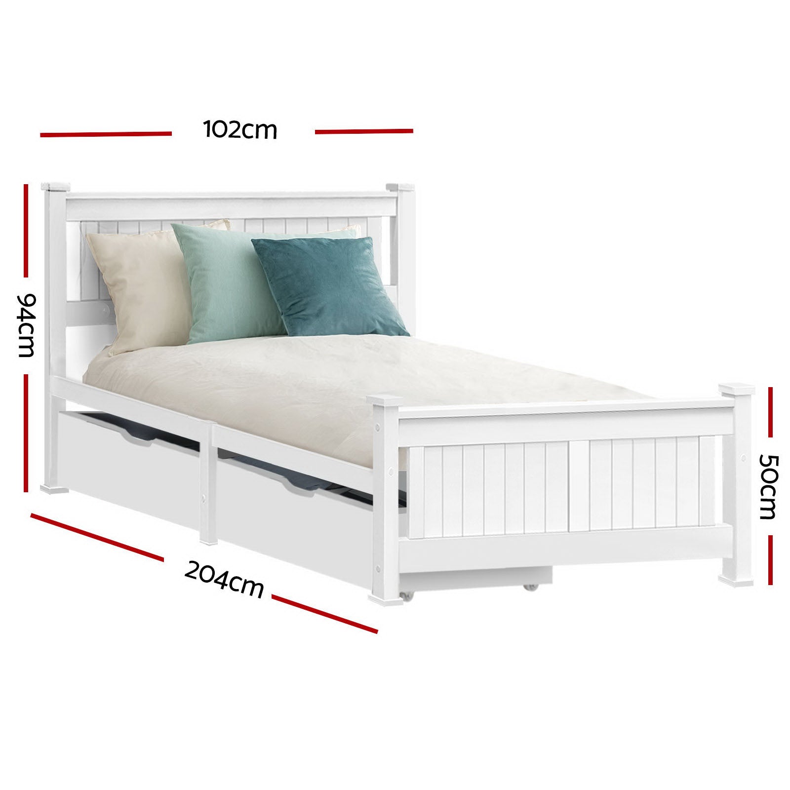 Beds & Bed Frames: Artiss Bed Frame Single Size Wooden with 2 Drawers White RIO