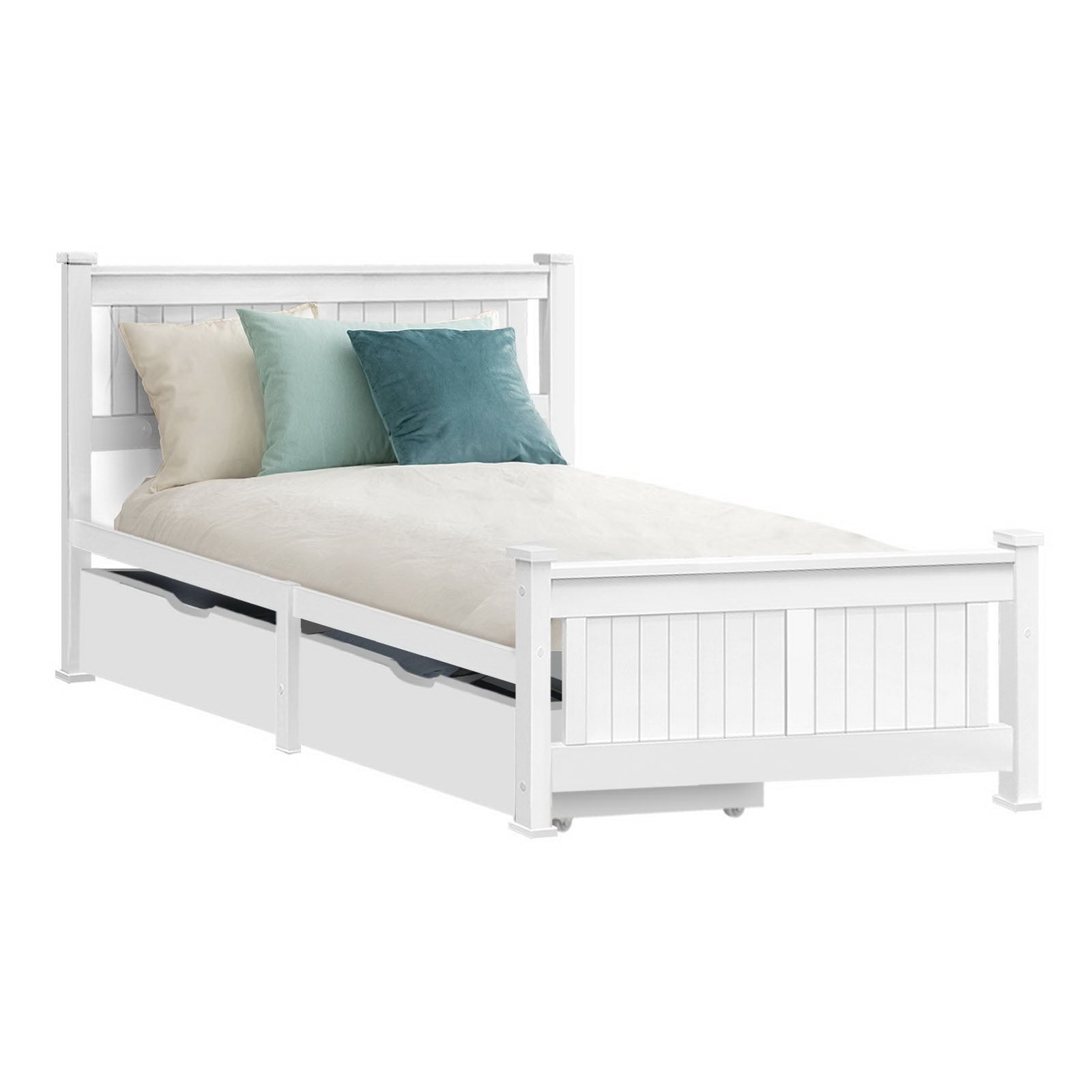 Beds & Bed Frames: Artiss Bed Frame Single Size Wooden with 2 Drawers White RIO