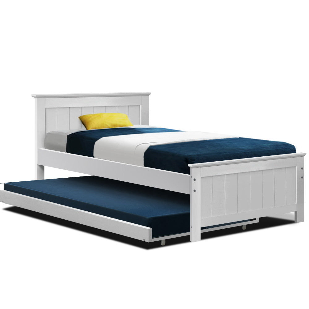 Beds & Bed Frames: Artiss Bed Frame King Single Size Wooden Trundle Daybed White ELVIS