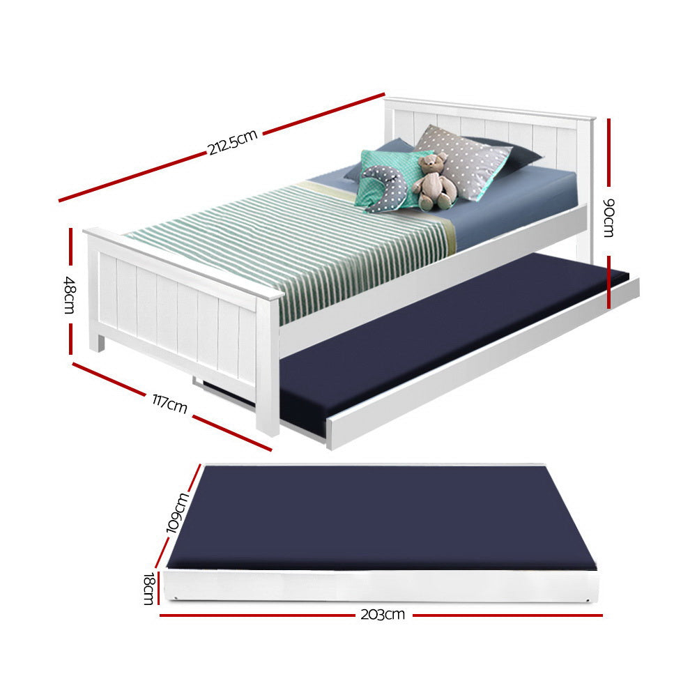 Beds & Bed Frames: Artiss Bed Frame King Single Size Wooden Trundle Daybed White ELVIS