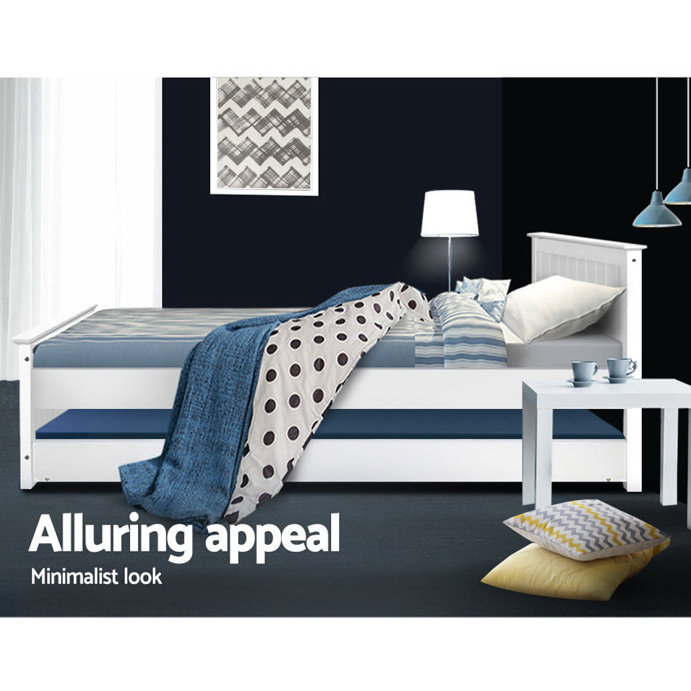 Beds & Bed Frames: Artiss Bed Frame King Single Size Wooden Trundle Daybed White ELVIS
