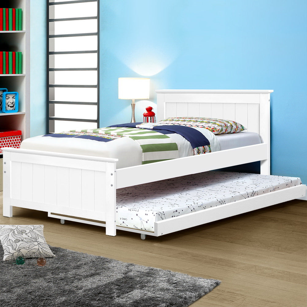 Beds & Bed Frames: Artiss Bed Frame King Single Size Wooden Trundle Daybed White ELVIS