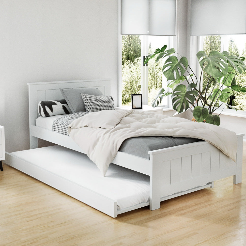 Beds & Bed Frames: Artiss Bed Frame King Single Size Wooden Trundle Daybed White ELVIS