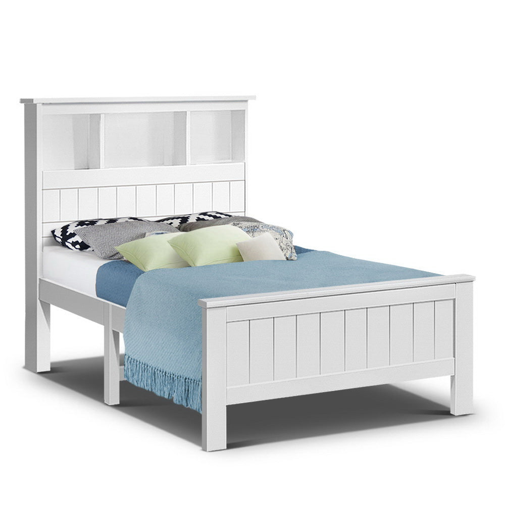 Beds & Bed Frames: Artiss Bed Frame King Single Size Wooden with 3 Shelves Bed Head White