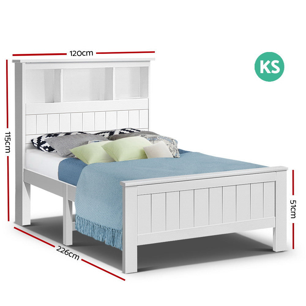 Beds & Bed Frames: Artiss Bed Frame King Single Size Wooden with 3 Shelves Bed Head White
