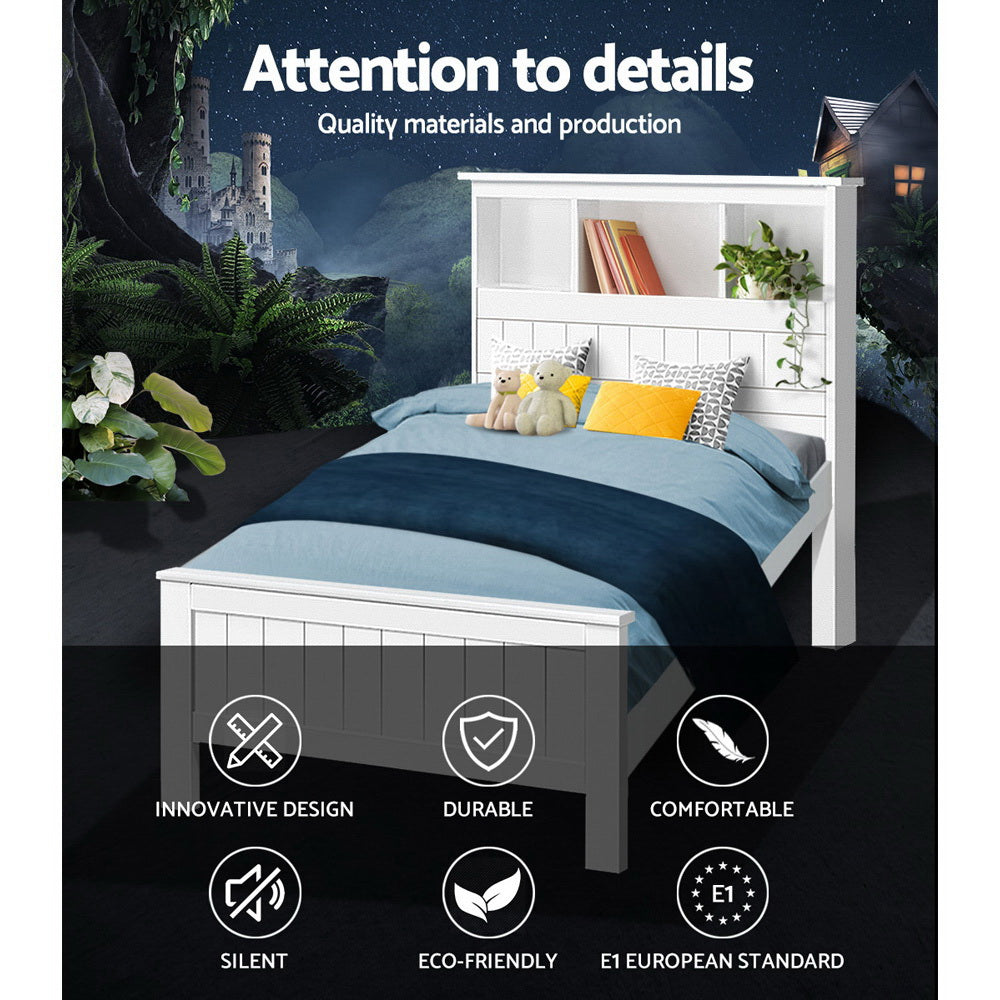 Beds & Bed Frames: Artiss Bed Frame King Single Size Wooden with 3 Shelves Bed Head White