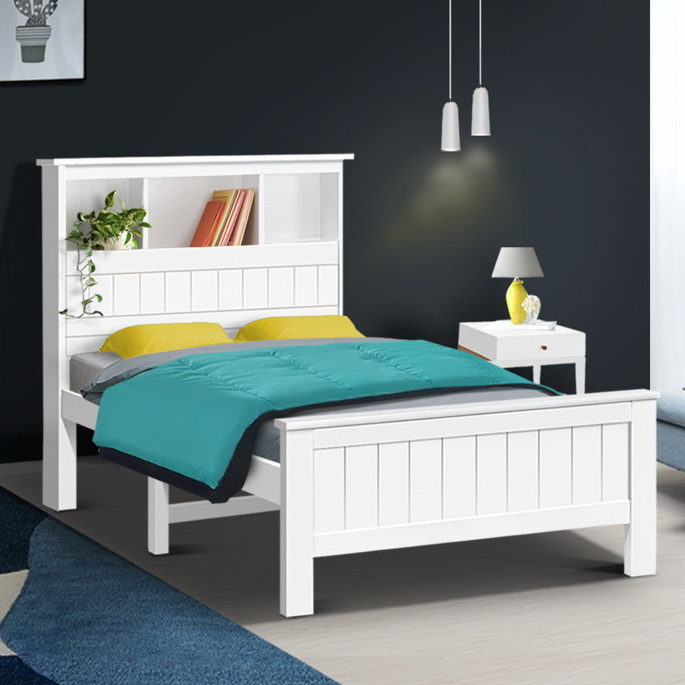 Beds & Bed Frames: Artiss Bed Frame King Single Size Wooden with 3 Shelves Bed Head White