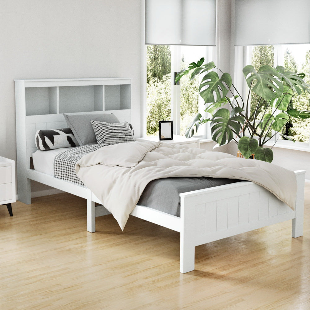 Beds & Bed Frames: Artiss Bed Frame King Single Size Wooden with 3 Shelves Bed Head White