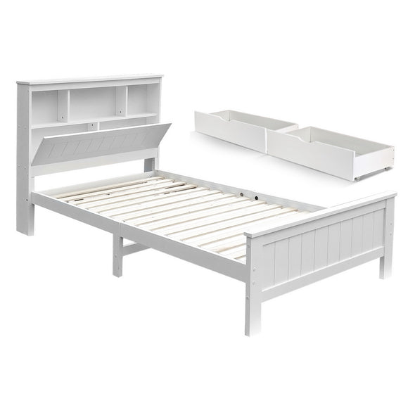 Artiss Bed Frame King Single Size Wooden with 3 Shelves Bed Head White