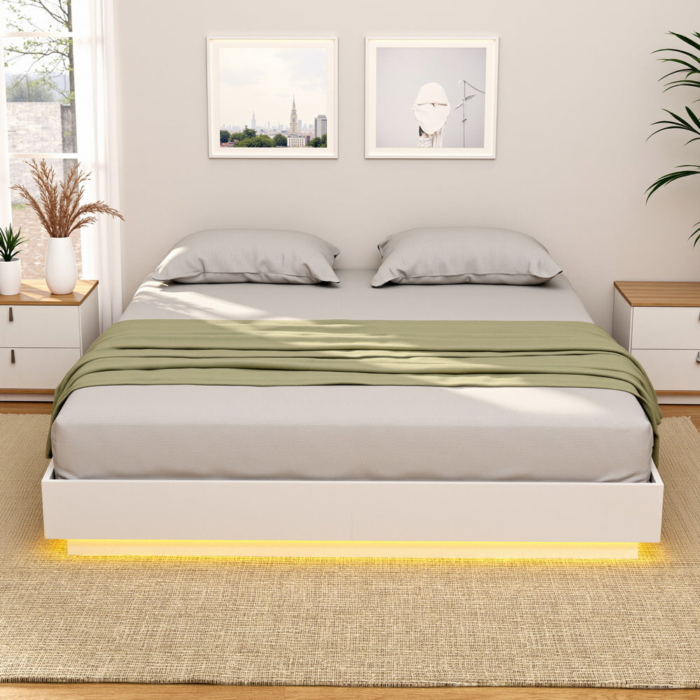 Beds & Bed Frames: Artiss Double Bed Frame with 16Colour Led Light Wooden Platform Bed Base DAYGLOW