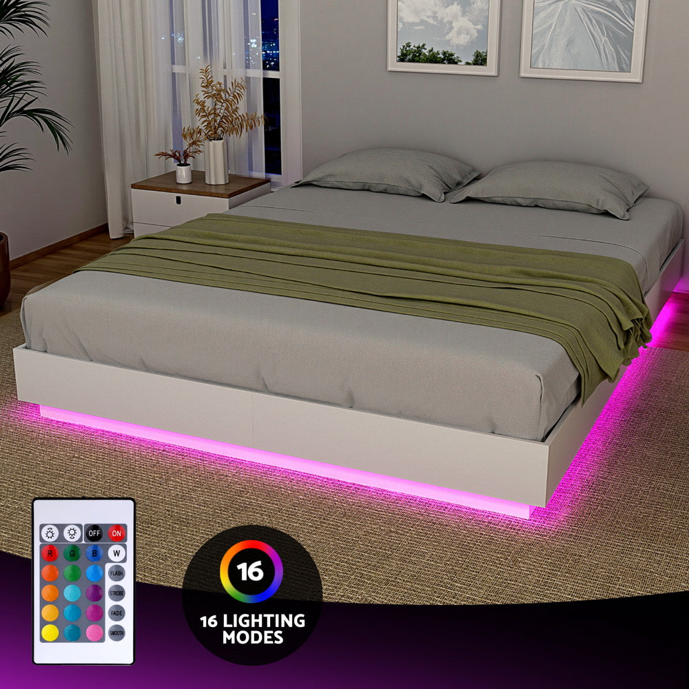Beds & Bed Frames: Artiss Queen Bed Frame with 16Colour Led Light Wooden Platform Bed Base DAYGLOW