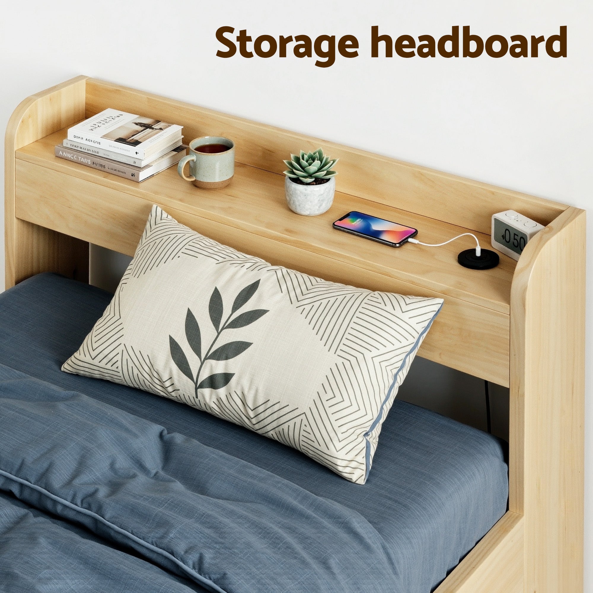 Artiss King Single Bed Frame with 2 Drawers Platform Bed with Headboard Bed Base with USB Ports Natural