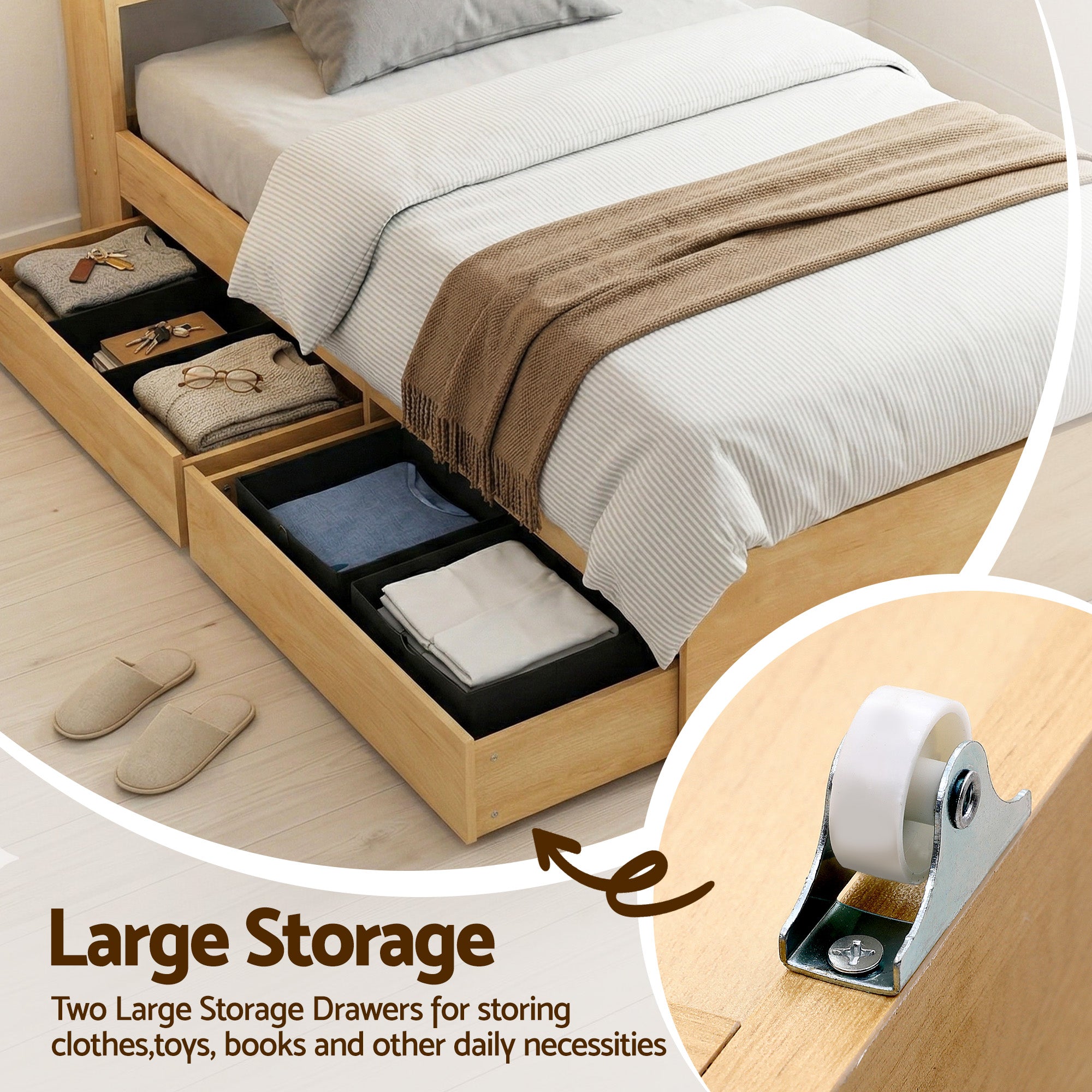Artiss King Single Bed Frame with 2 Drawers Platform Bed with Headboard Bed Base with USB Ports Natural