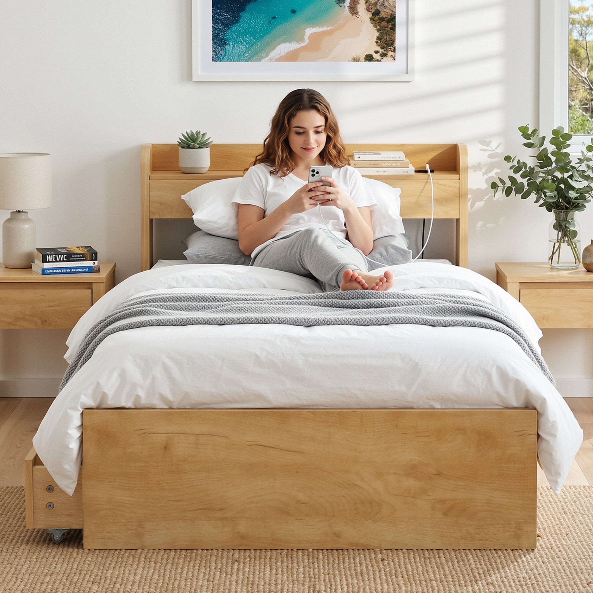 Artiss King Single Bed Frame with 2 Drawers Platform Bed with Headboard Bed Base with USB Ports Natural