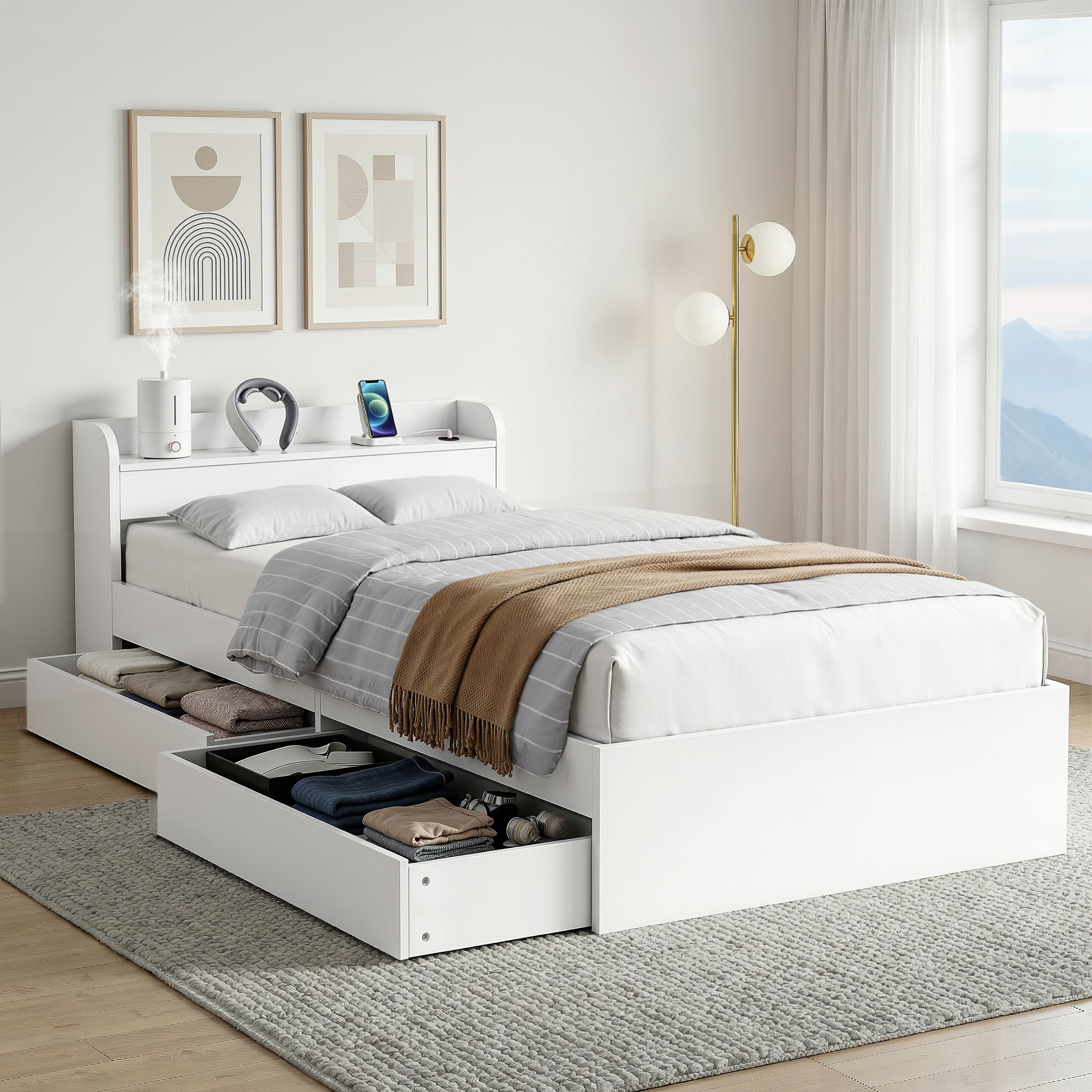 Beds & Bed Frames: Artiss Bed Frame Single Size with Charging Ports and 2 Drawers AURA