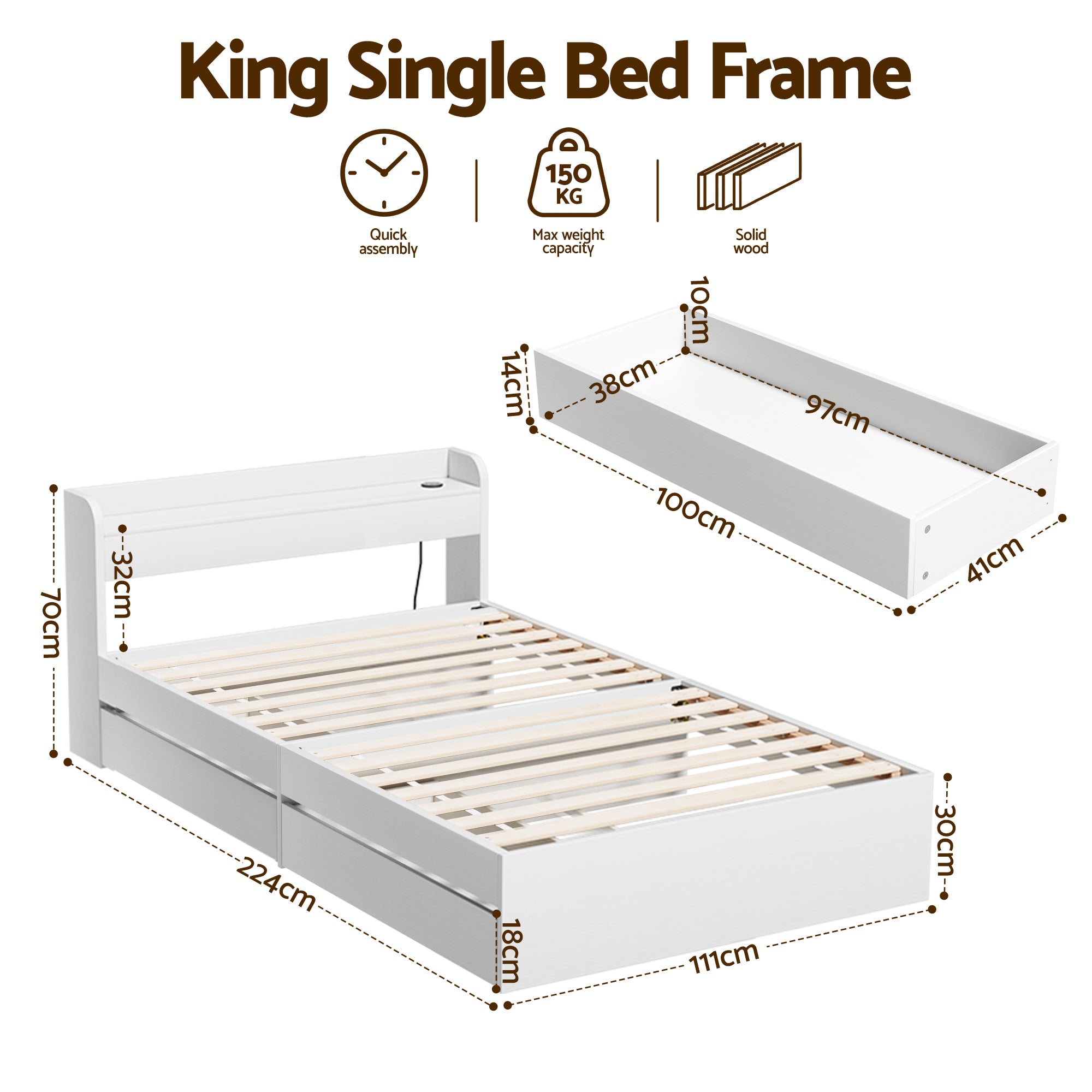 Beds & Bed Frames: Artiss Bed Frame Single Size with Charging Ports and 2 Drawers AURA