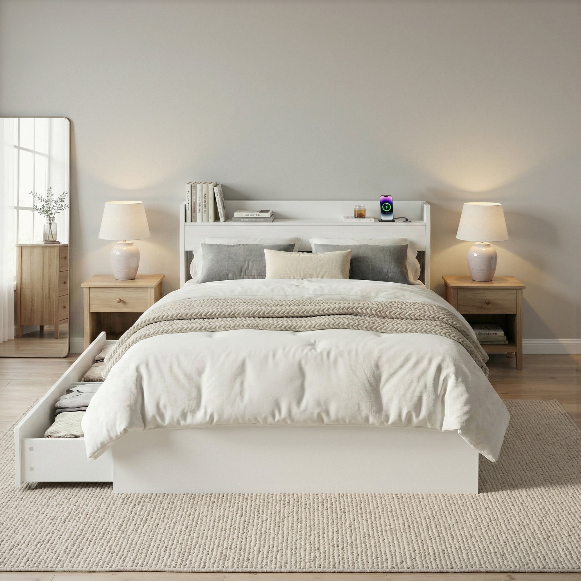 Beds & Bed Frames: Artiss Bed Frame Single Size with Charging Ports and 2 Drawers AURA