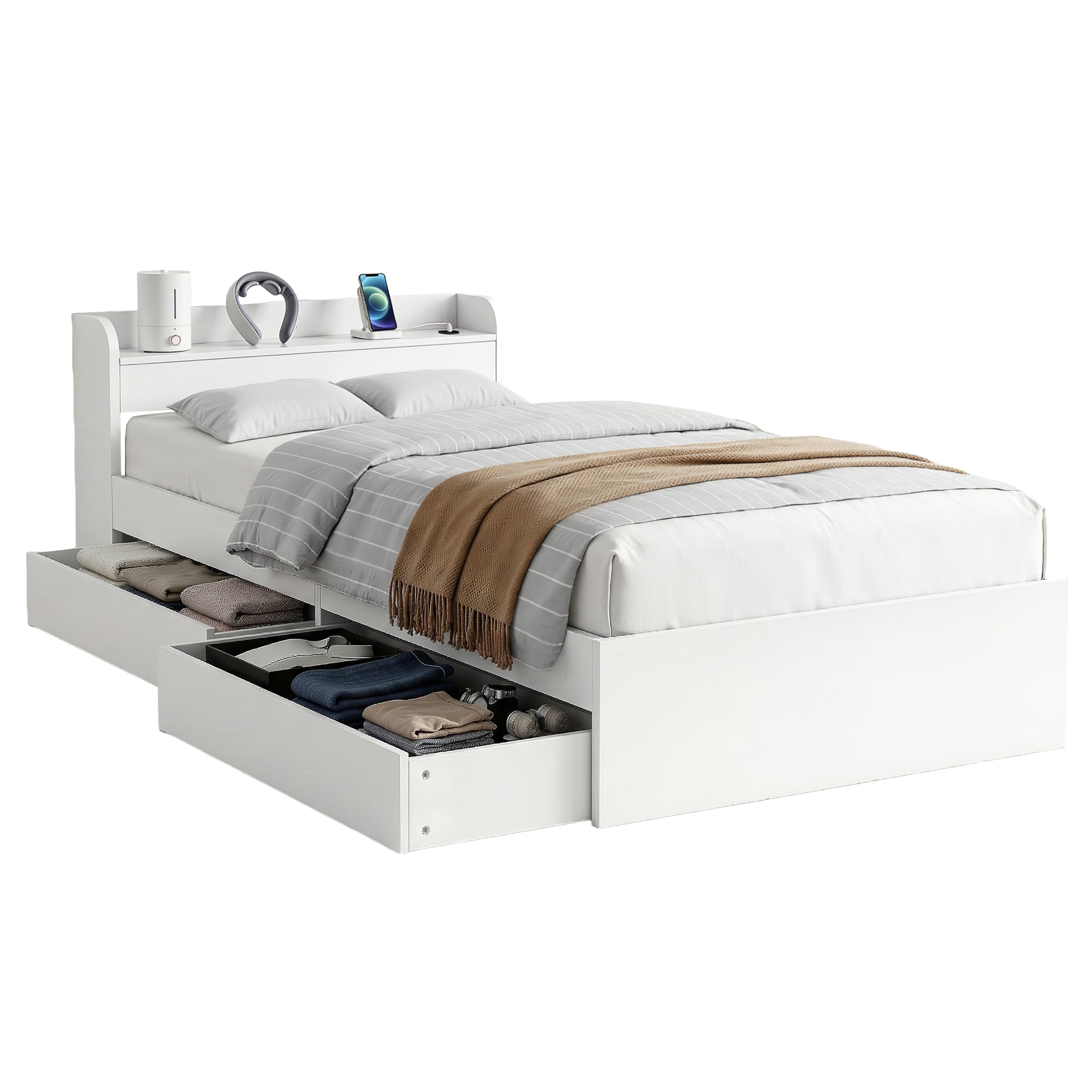 Beds & Bed Frames: Artiss Bed Frame Single Size with Charging Ports and 2 Drawers AURA