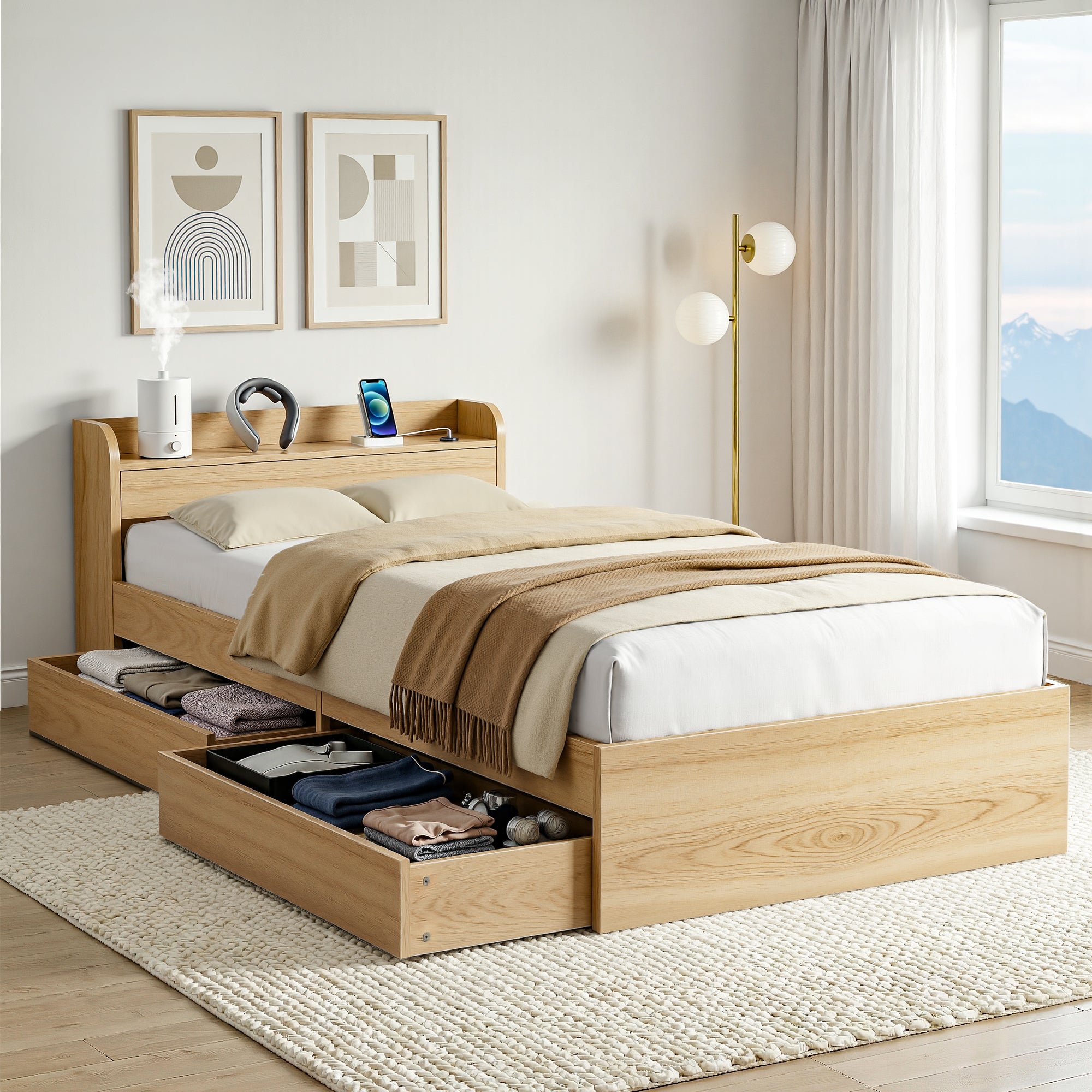 Beds & Bed Frames: Artiss Single Bed Frame with 2 Storage Drawers Platform Bed Base with USB Ports Sturdy Wooden Slat Support Natural
