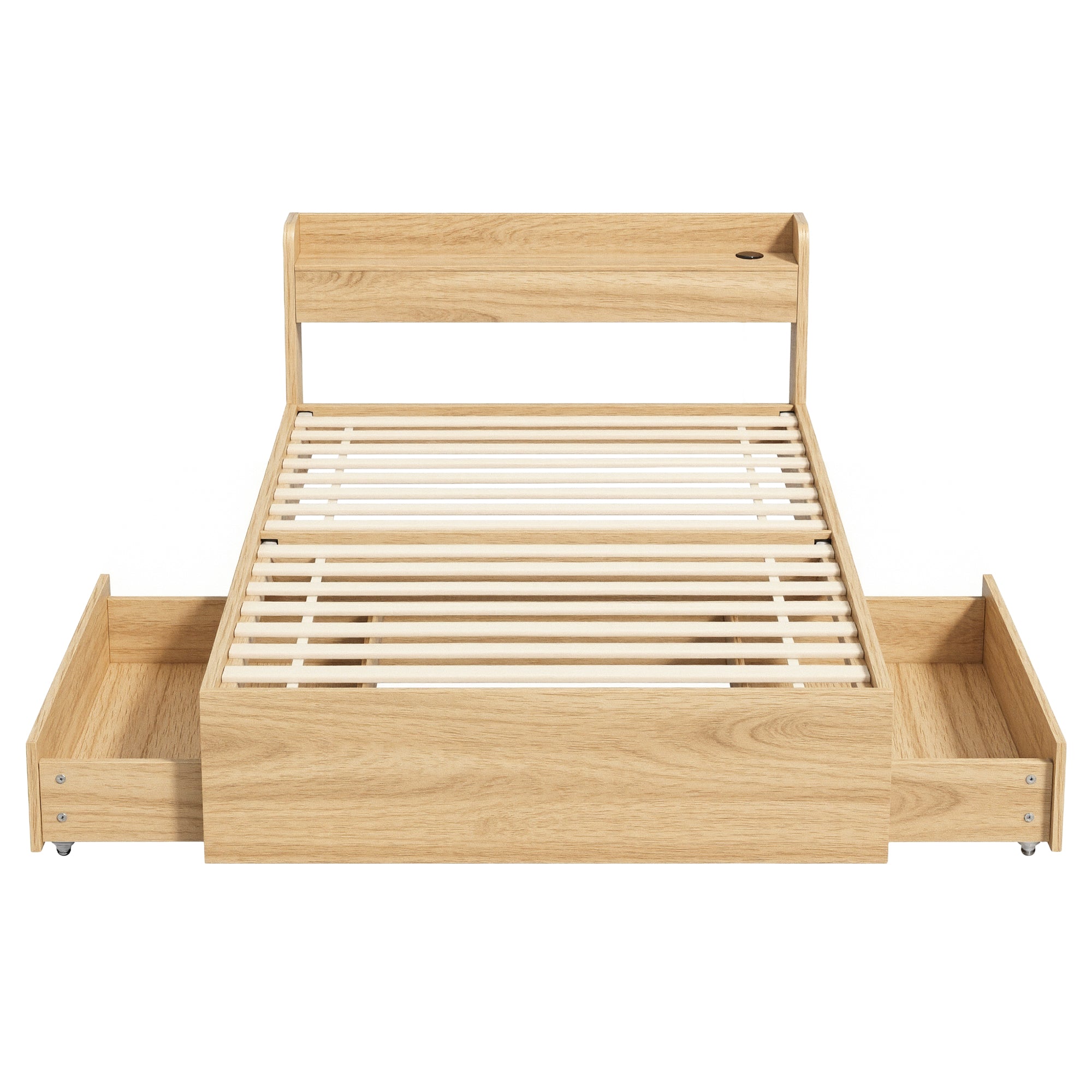 Beds & Bed Frames: Artiss Single Bed Frame with 2 Storage Drawers Platform Bed Base with USB Ports Sturdy Wooden Slat Support Natural