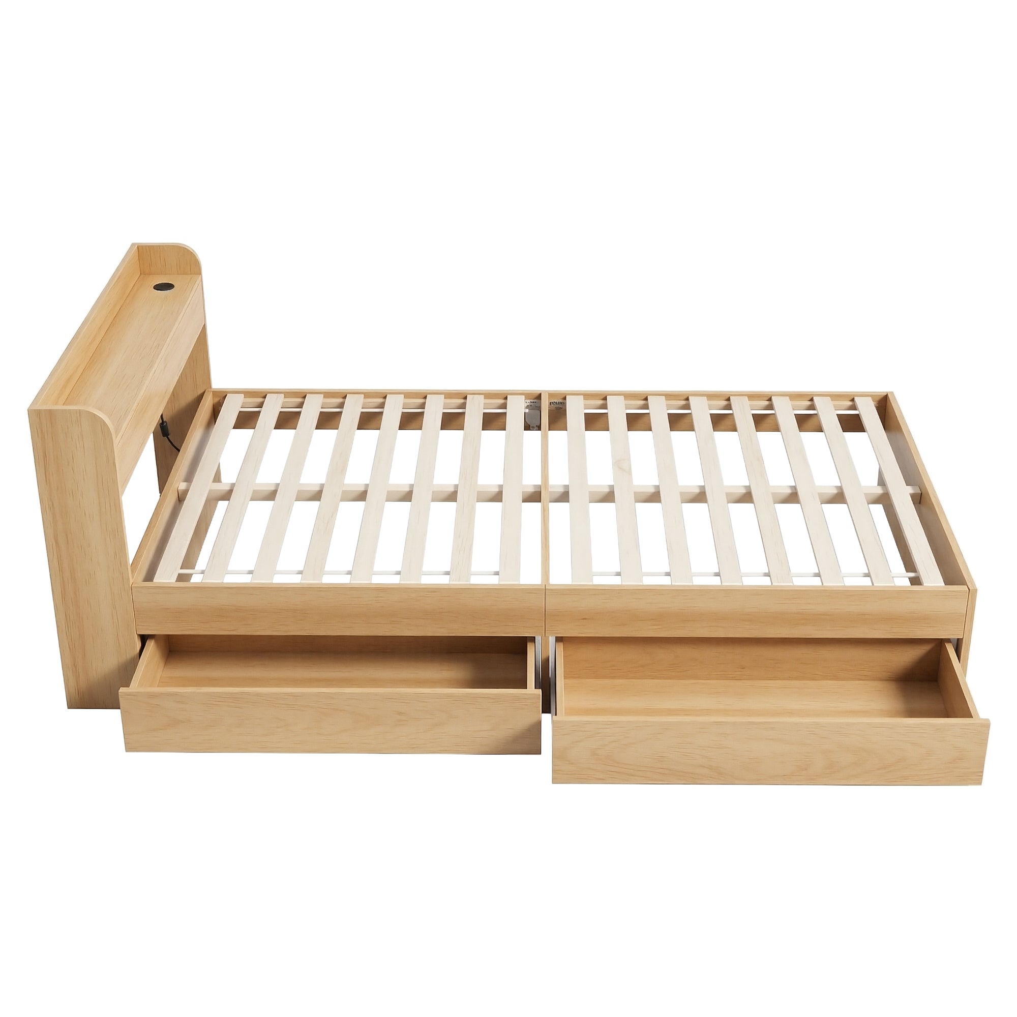 Beds & Bed Frames: Artiss Single Bed Frame with 2 Storage Drawers Platform Bed Base with USB Ports Sturdy Wooden Slat Support Natural
