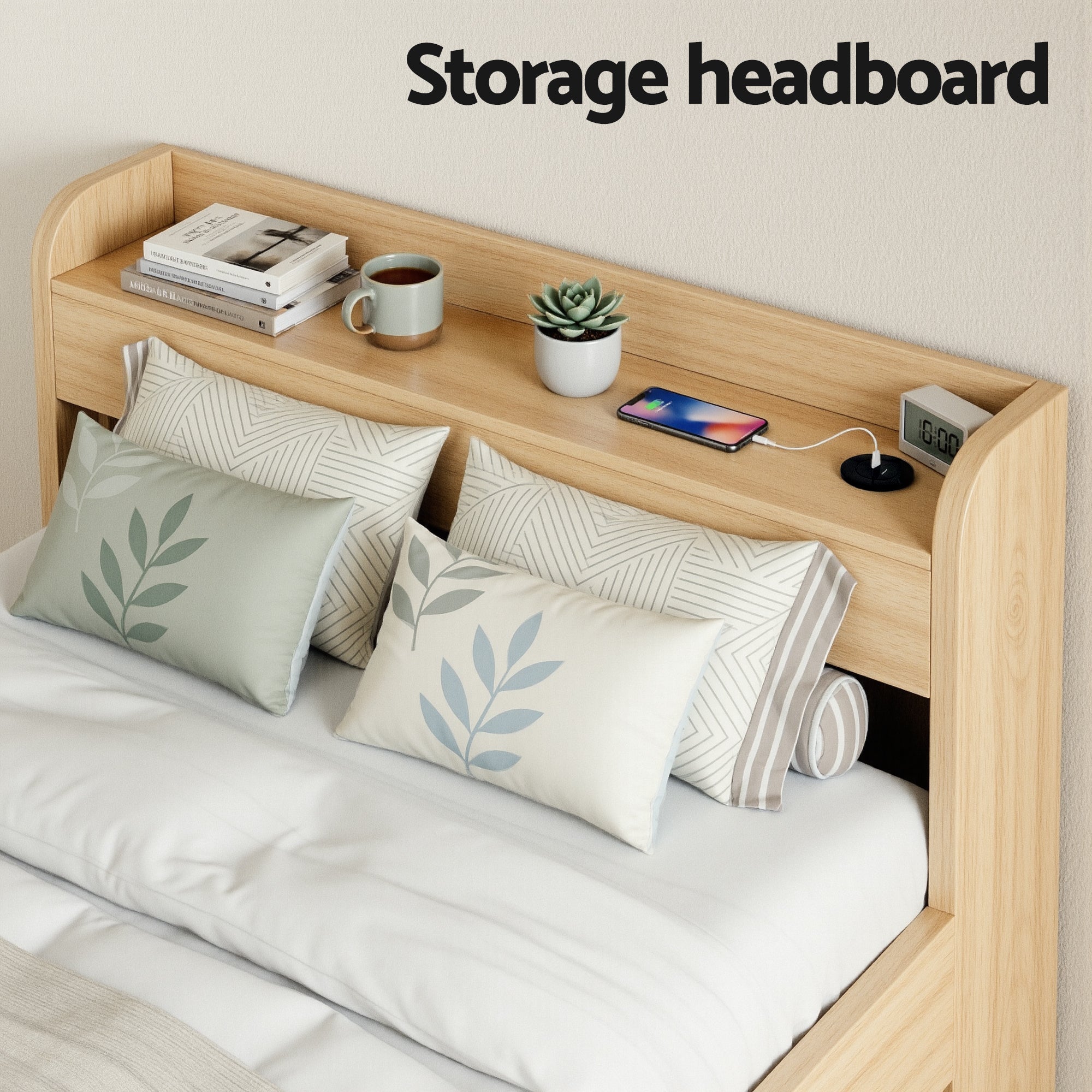 Beds & Bed Frames: Artiss Single Bed Frame with 2 Storage Drawers Platform Bed Base with USB Ports Sturdy Wooden Slat Support Natural