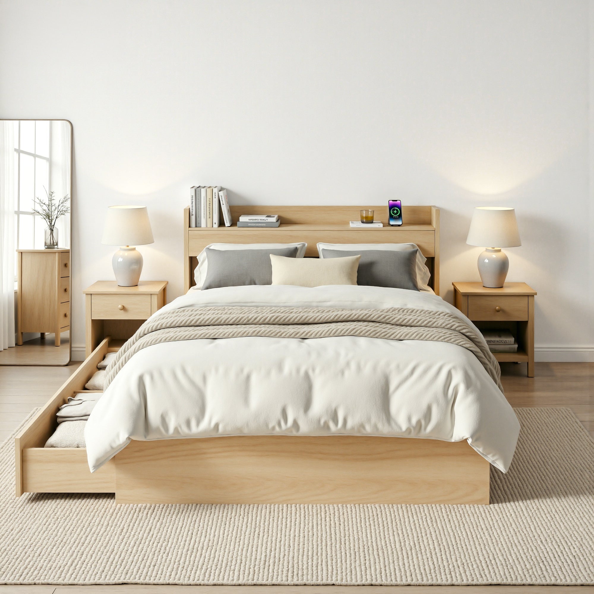 Beds & Bed Frames: Artiss Single Bed Frame with 2 Storage Drawers Platform Bed Base with USB Ports Sturdy Wooden Slat Support Natural