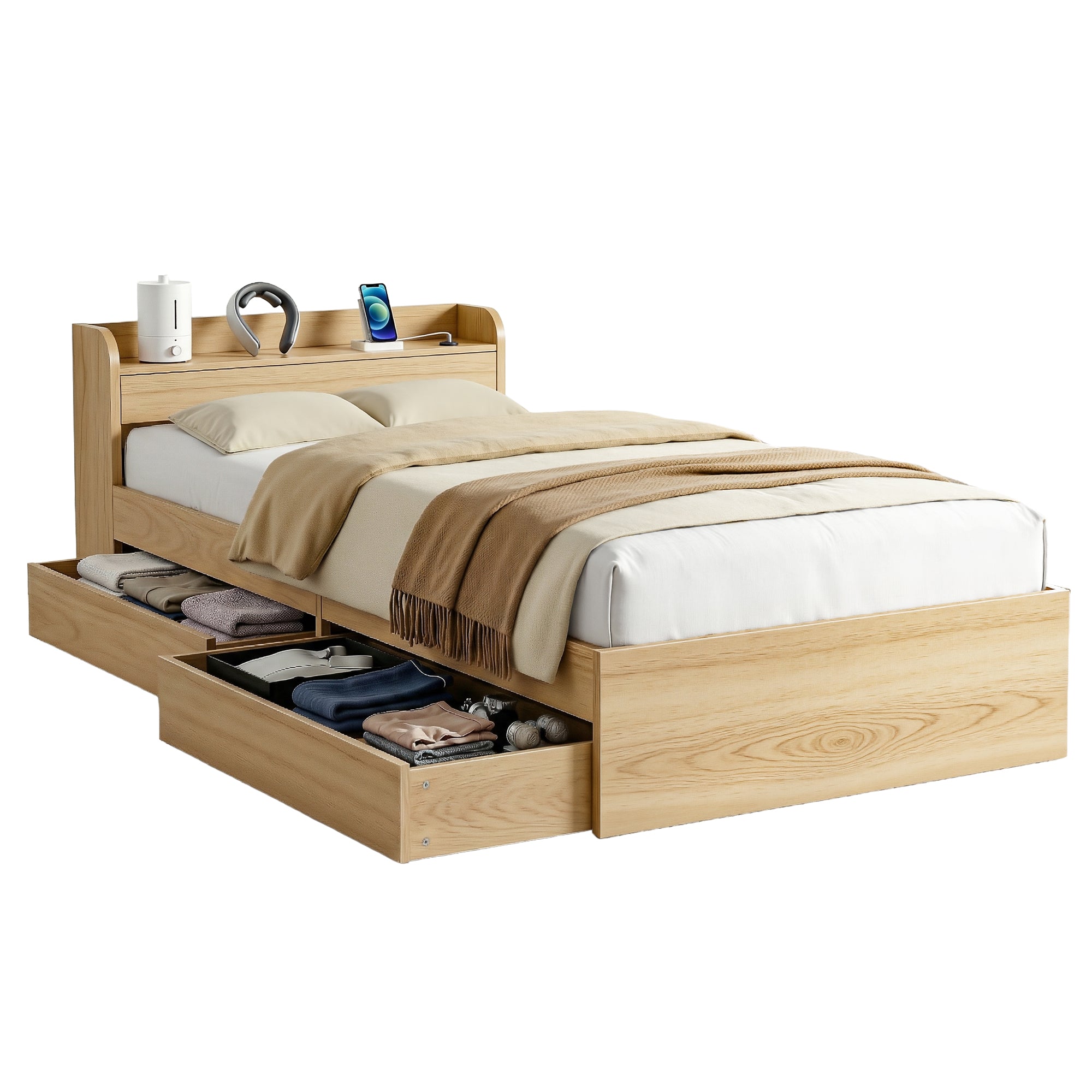 Beds & Bed Frames: Artiss Single Bed Frame with 2 Storage Drawers Platform Bed Base with USB Ports Sturdy Wooden Slat Support Natural