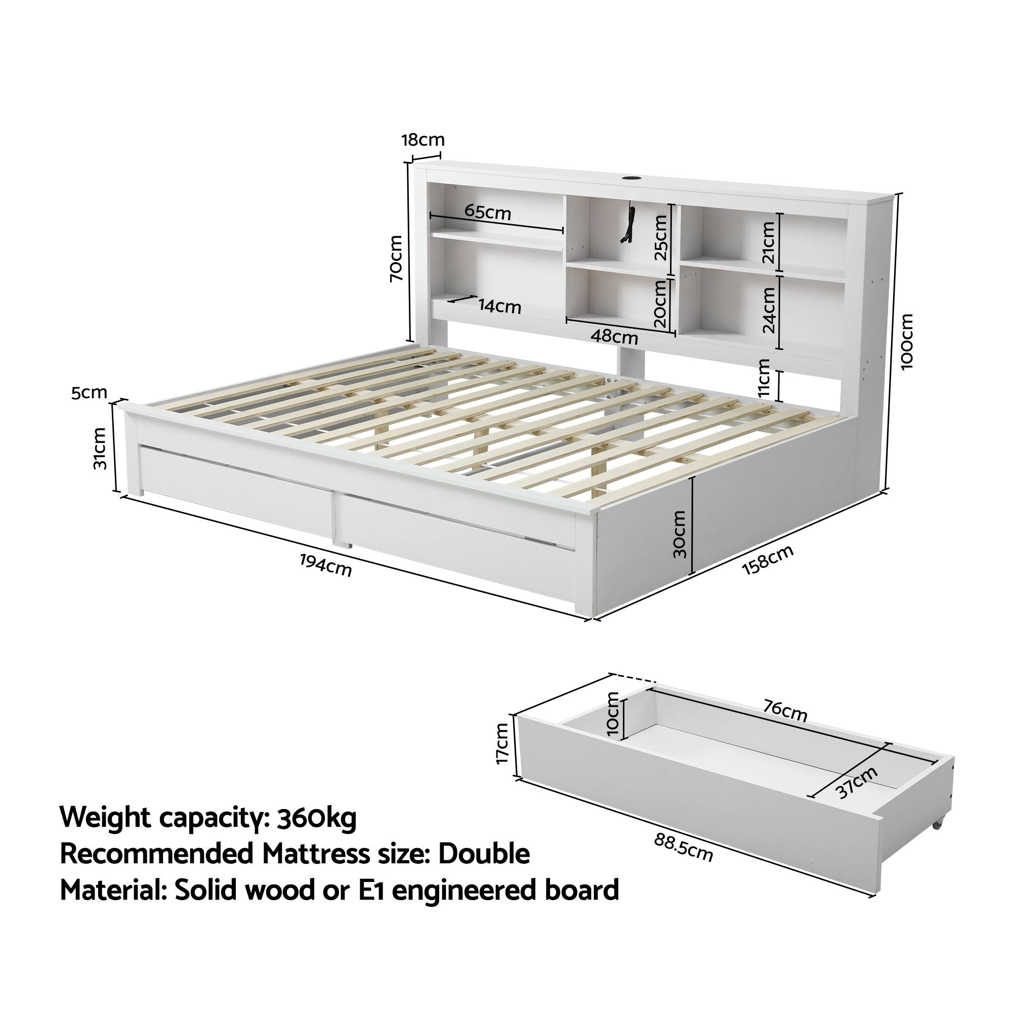 Artiss Noise-Free White Farmhouse Solid Wood Double Platform Bed Frame with Storage Headboard, Charging Station and Drawers for Bedroom and Apartment