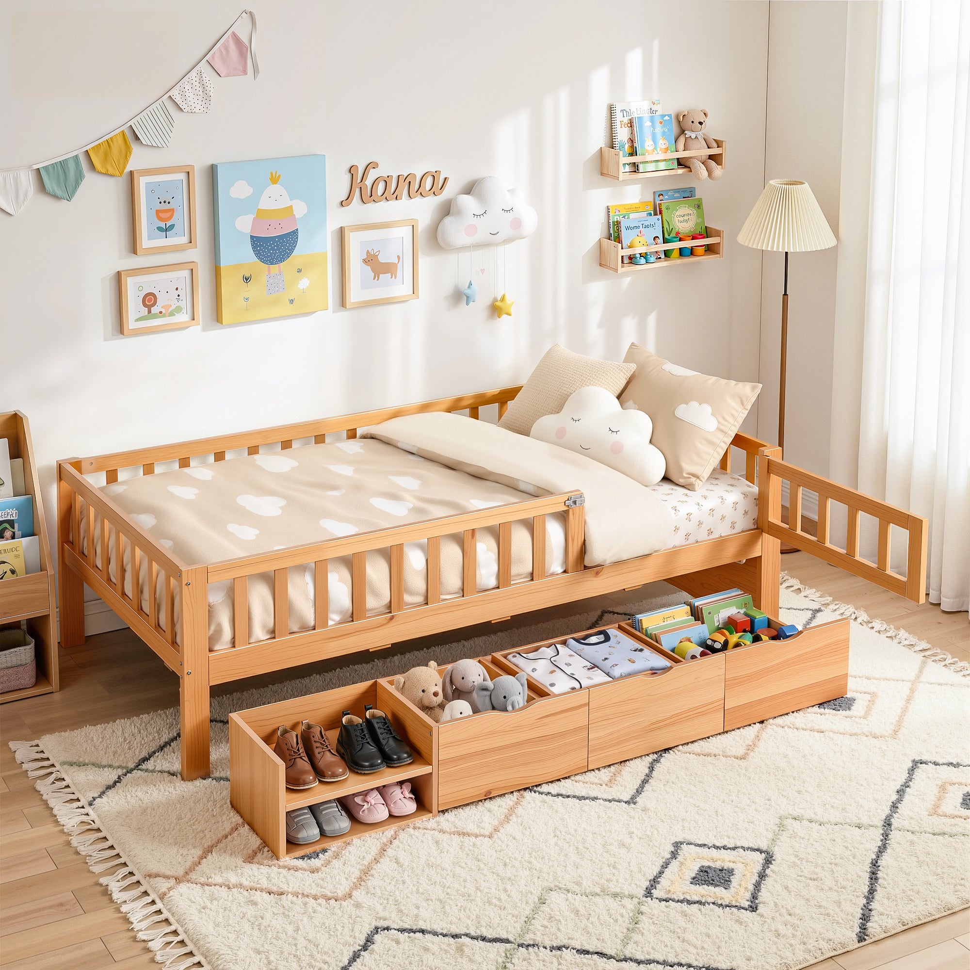 Beds & Bed Frames: Artiss Kids Single Bed Frame with 3 Storage Drawer Montessori Bed for Toddler Natural