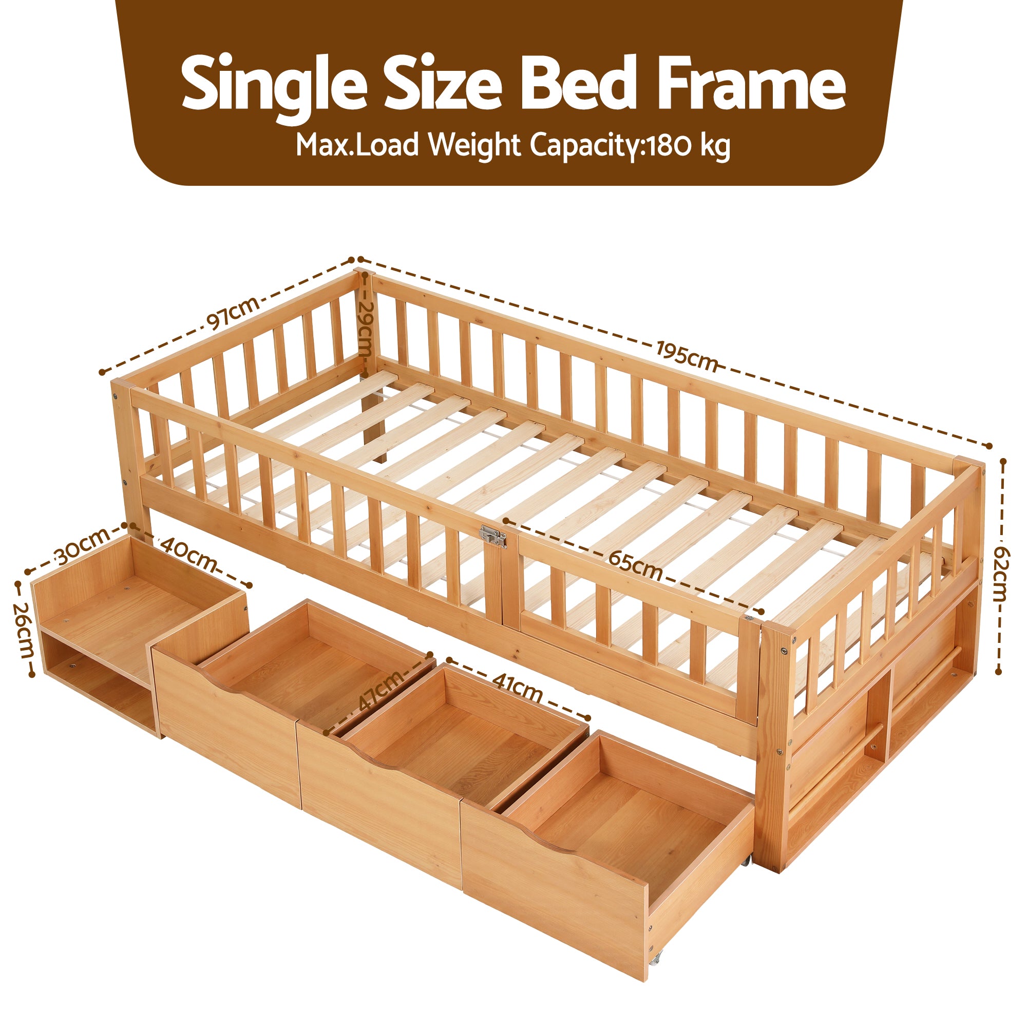 Beds & Bed Frames: Artiss Kids Single Bed Frame with 3 Storage Drawer Montessori Bed for Toddler Natural