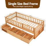 Beds & Bed Frames: Artiss Kids Single Bed Frame with 3 Storage Drawer Montessori Bed for Toddler Natural