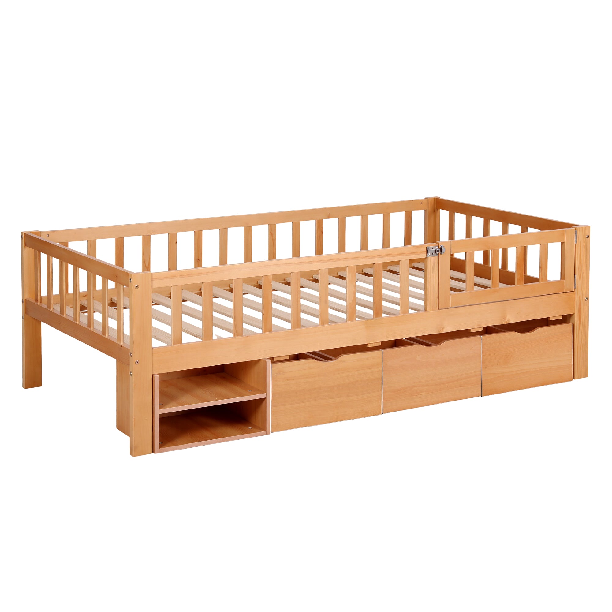 Beds & Bed Frames: Artiss Kids Single Bed Frame with 3 Storage Drawer Montessori Bed for Toddler Natural