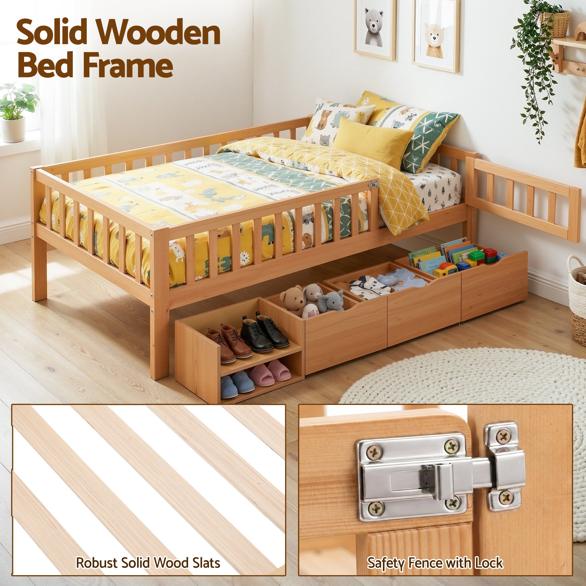 Beds & Bed Frames: Artiss Kids Single Bed Frame with 3 Storage Drawer Montessori Bed for Toddler Natural