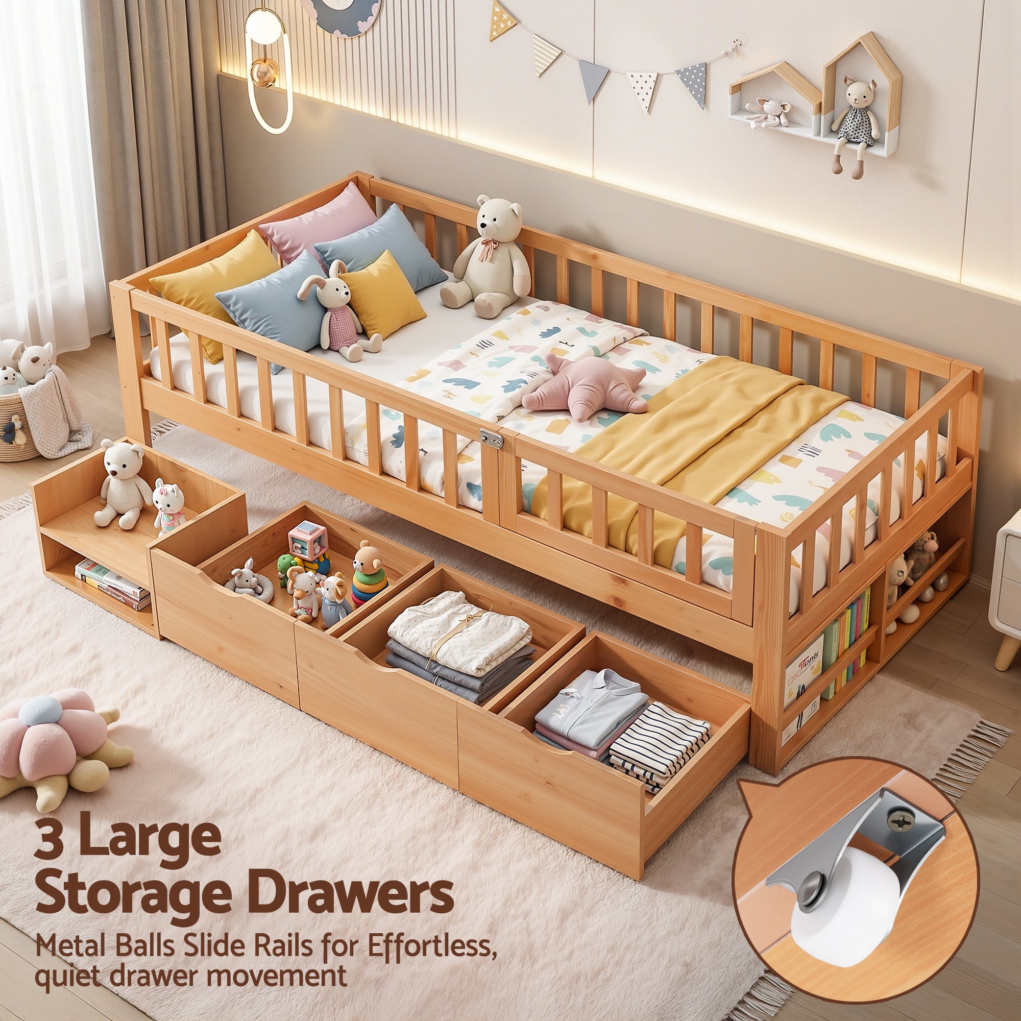 Beds & Bed Frames: Artiss Kids Single Bed Frame with 3 Storage Drawer Montessori Bed for Toddler Natural