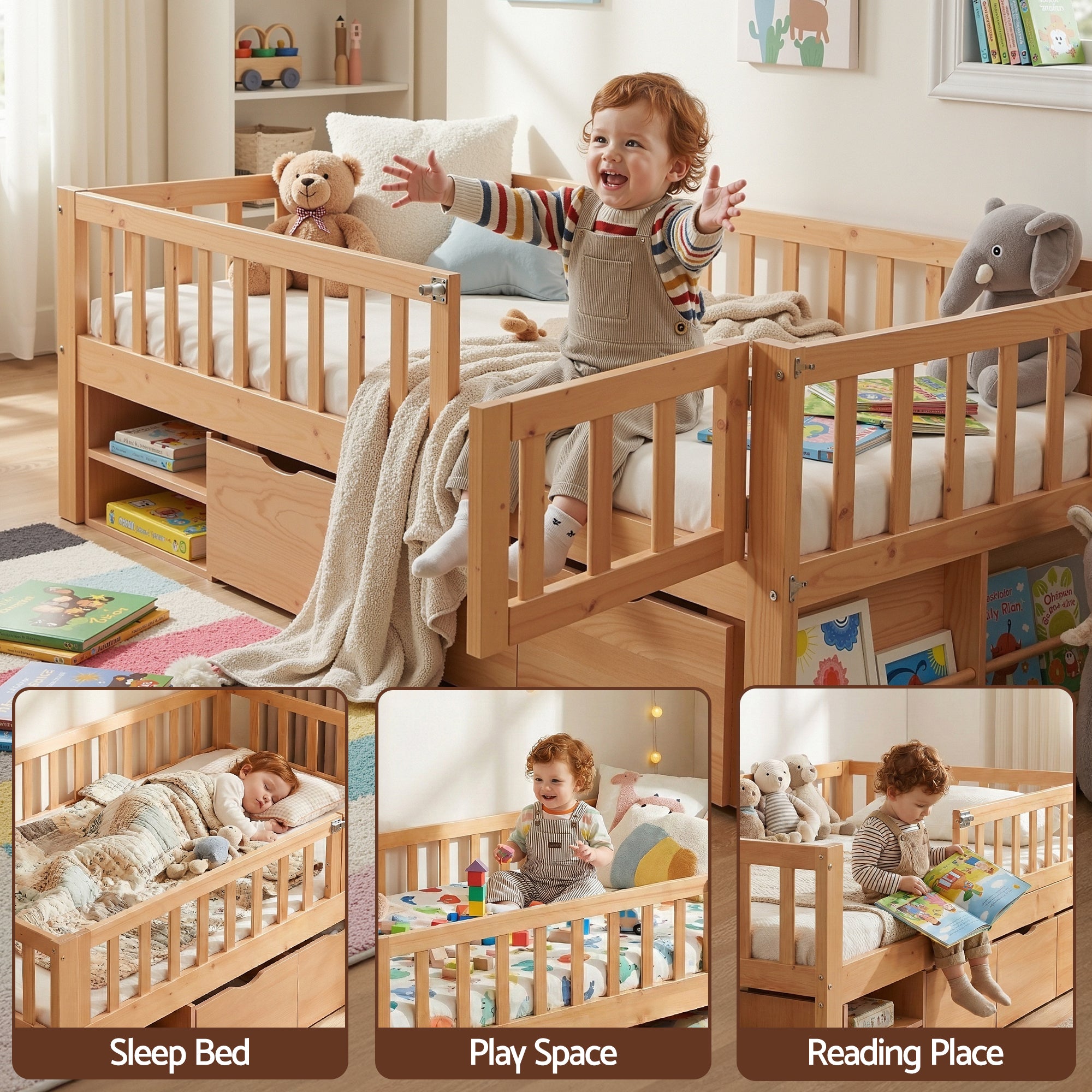 Beds & Bed Frames: Artiss Kids Single Bed Frame with 3 Storage Drawer Montessori Bed for Toddler Natural